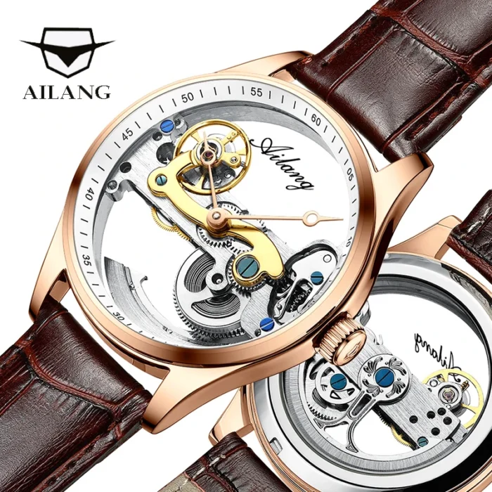 Automatik Uhr Herren f. AILANG Skelett Lederarmband 41mm wasserdicht – Bild 2