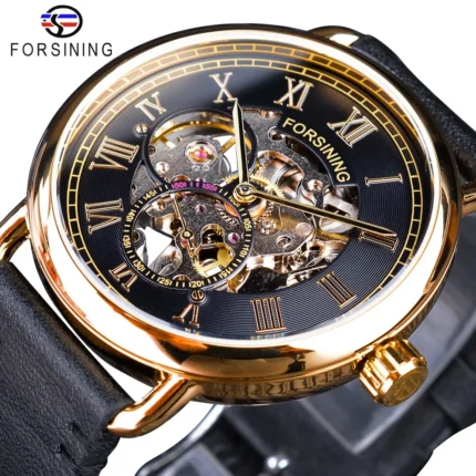 Armbanduhr f. Forsining GMT1134 Mechanisch Skelett Gold Schwarz Leder