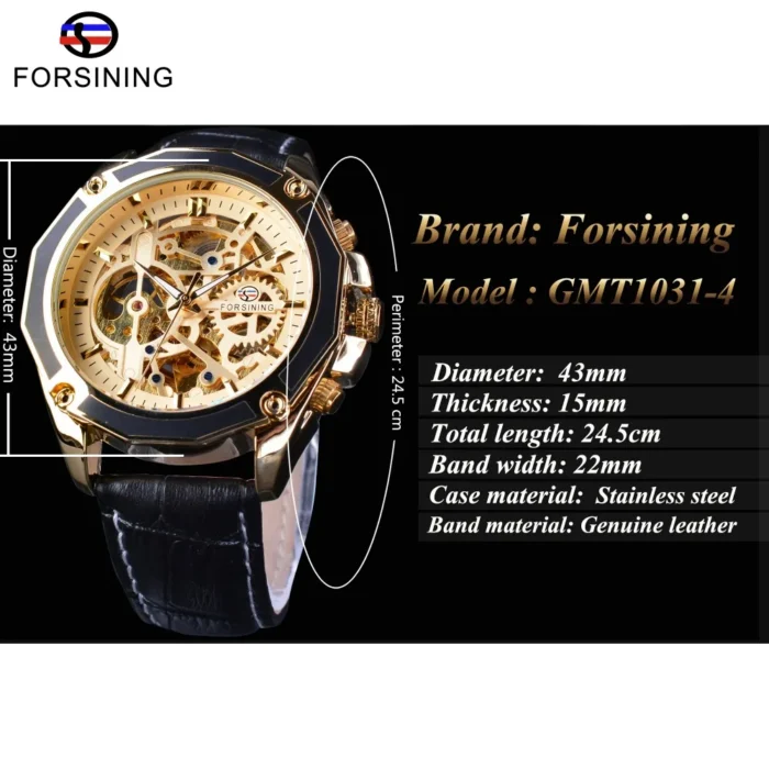 Forsining GMT1031-4 Herren Automatik Skeleton Uhr Gold Schwarz Echtleder Wasserdicht 3Bar Mechanik – Bild 3