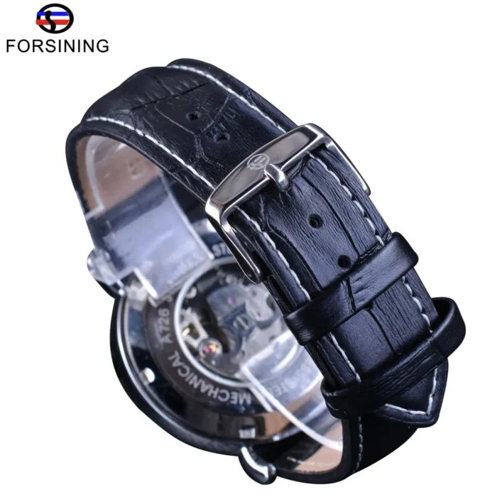 Forsining Skeleton Automatik Herrenuhr 45mm Edelstahl Echtleder Armband 24mm Transparentes Zifferblatt – Bild 5