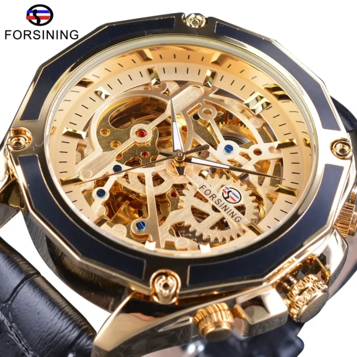 Forsining GMT1031-4 Herren Automatik Skeleton Uhr Gold Schwarz Echtleder Wasserdicht 3Bar Mechanik – Bild 1