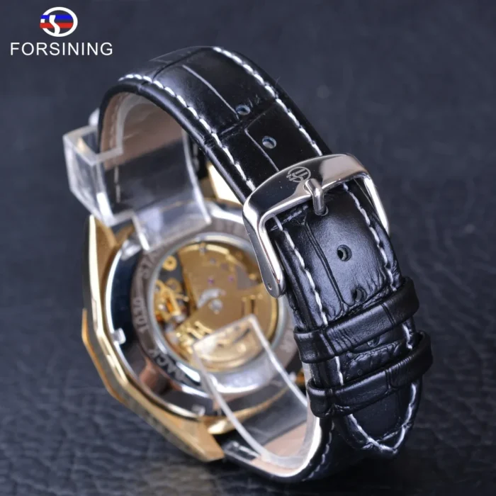Forsining GMT1031-4 Herren Automatik Skeleton Uhr Gold Schwarz Echtleder Wasserdicht 3Bar Mechanik – Bild 5