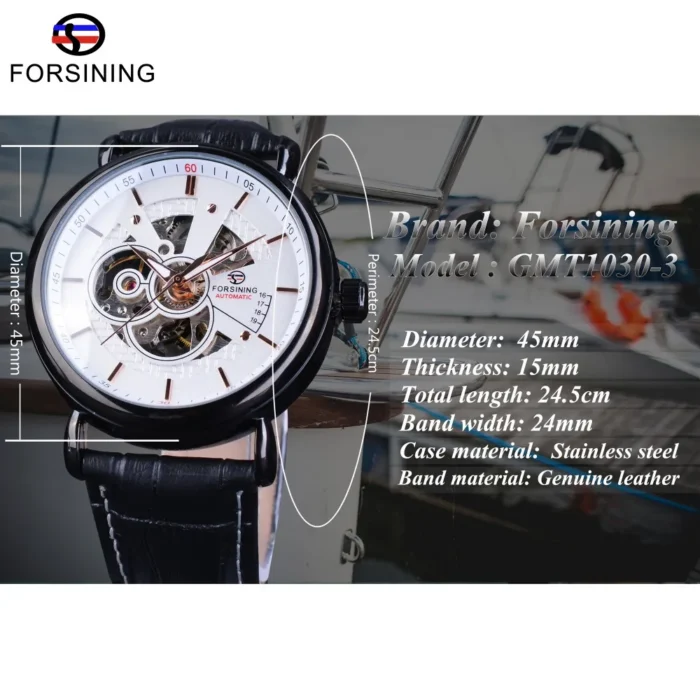 Forsining Skeleton Automatik Herrenuhr 45mm Edelstahl Echtleder Armband 24mm Transparentes Zifferblatt – Bild 3