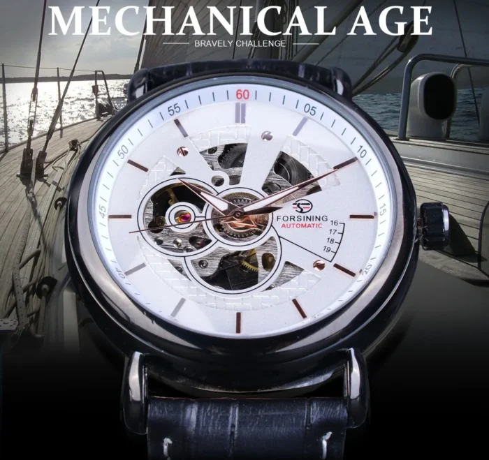 Forsining Skeleton Automatik Herrenuhr 45mm Edelstahl Echtleder Armband 24mm Transparentes Zifferblatt – Bild 2