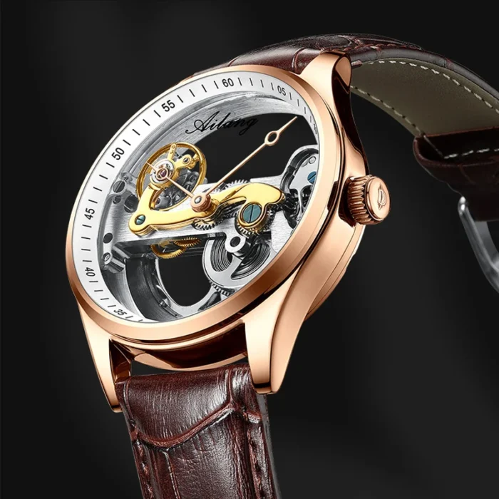 Automatik Uhr Herren f. AILANG Skelett Lederarmband 41mm wasserdicht – Bild 5