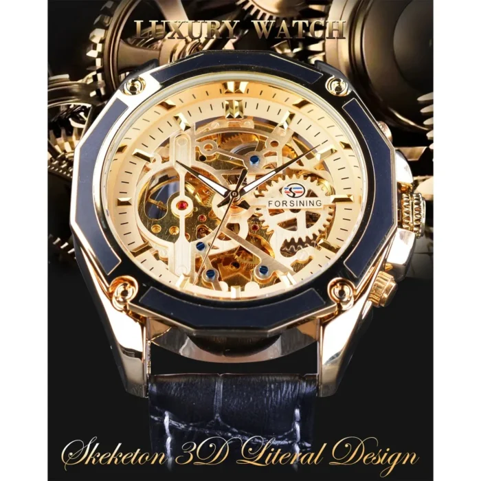 Forsining GMT1031-4 Herren Automatik Skeleton Uhr Gold Schwarz Echtleder Wasserdicht 3Bar Mechanik – Bild 2
