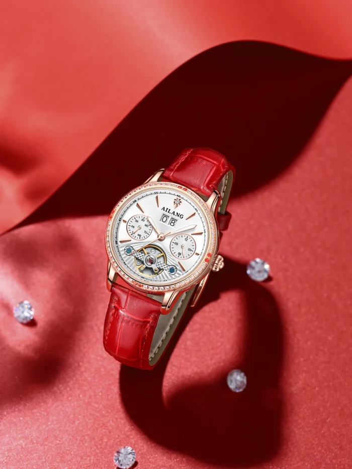 Damen Automatik Uhr AILANG Roségold Lederarmband Skelett Zifferblatt – Bild 3