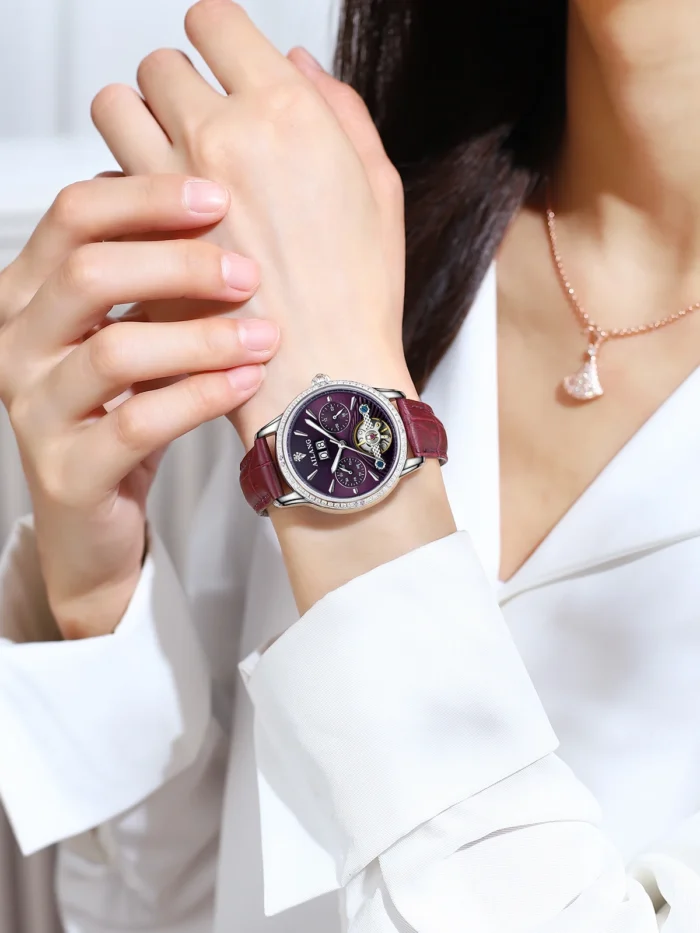 Damen Automatik Uhr AILANG Roségold Lederarmband Skelett Zifferblatt – Bild 5