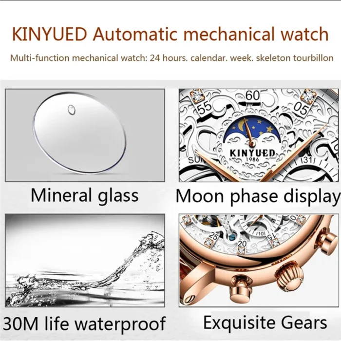 Herrenuhr Automatik Skelett Mondphase Datum Wochentag Roségold 42mm Lederarmband – Bild 6