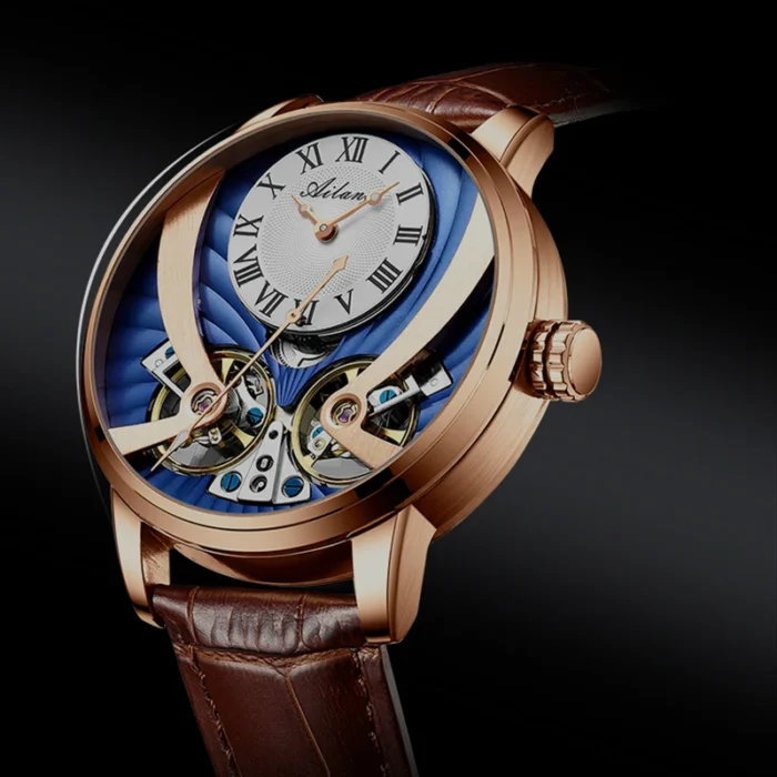 Herrenuhr Automatik Mechanisch f. AILANG Skelett Doppelschwungrad Leder 42mm – Bild 5