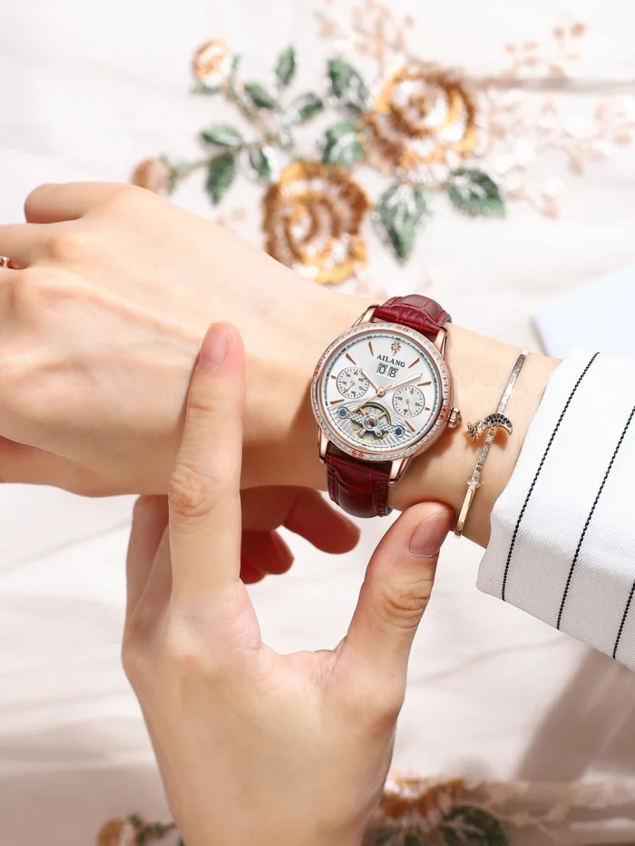 Damen Automatik Uhr AILANG Roségold Lederarmband Skelett Zifferblatt – Bild 2