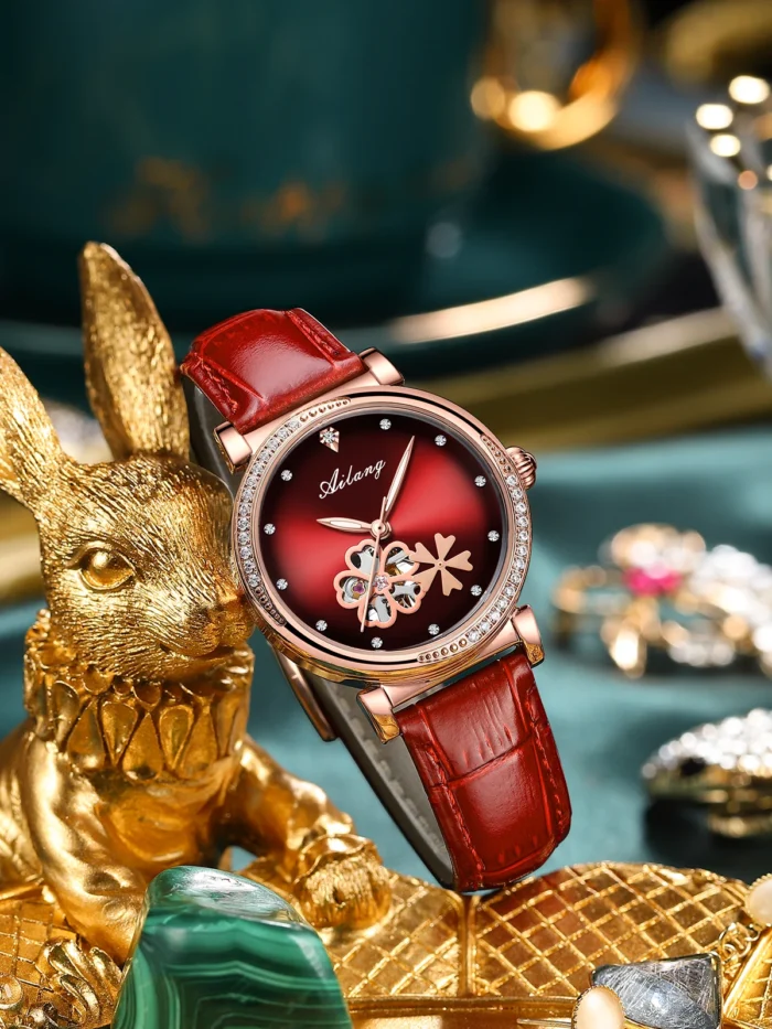 Damen Automatik Uhr f. AILANG Perlmutt Zifferblatt Lederarmband – Bild 3