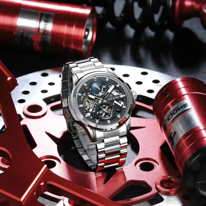 Herren Automatik Uhr Skelett f. AILANG Mondphase Luminova 42mm Schwarz – Bild 5