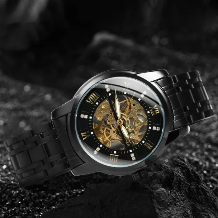 Herren Automatikuhr Skelett 40mm Edelstahl Schwarz Gold Leuchtzeiger 3 BAR – Bild 3
