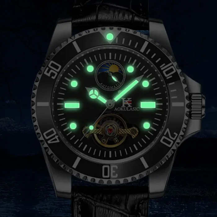 AOKULASIC Automatikuhr Herren 40mm Edelstahl Mondphase Sichtwerk Lederband – Bild 6