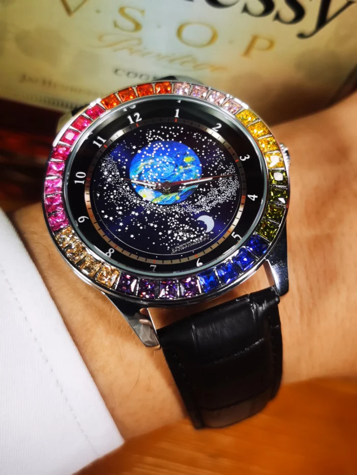 AOKULASIC Herrenuhr Automatik mit Leuchtdial & Regenbogenlünette - Edelstahl oder Leder – Bild 5