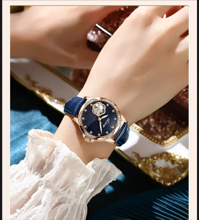 Damen Automatik Uhr Ailang Skeleton Sternenblau Lederarmband 34mm – Bild 1