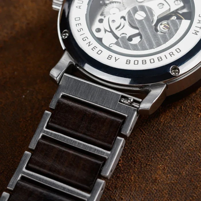 Automatik Uhr f. Herren BOBO BIRD Holz Skelett Leder Geschenkbox – Bild 3