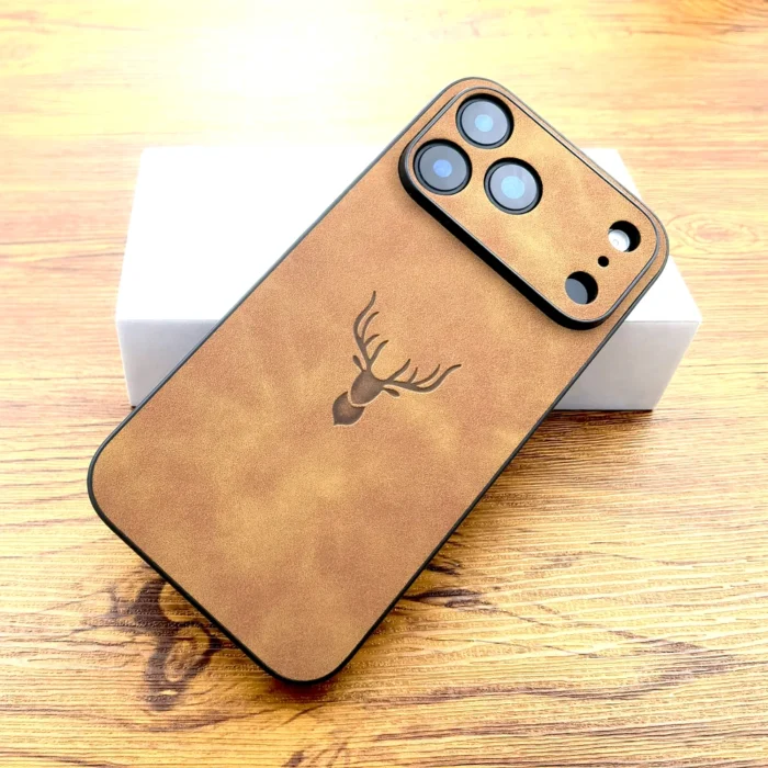 Premium Schutzhülle für iPhone 17 16 15 14 13 12 Pro Max Lederoptik Hirsch Motiv – Bild 1