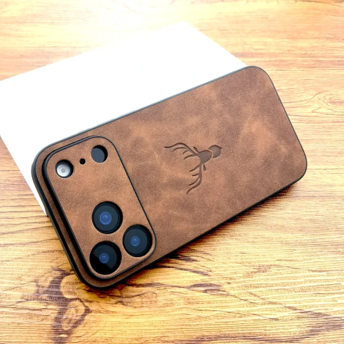 Premium Schutzhülle für iPhone 17 16 15 14 13 12 Pro Max Lederoptik Hirsch Motiv – Bild 5