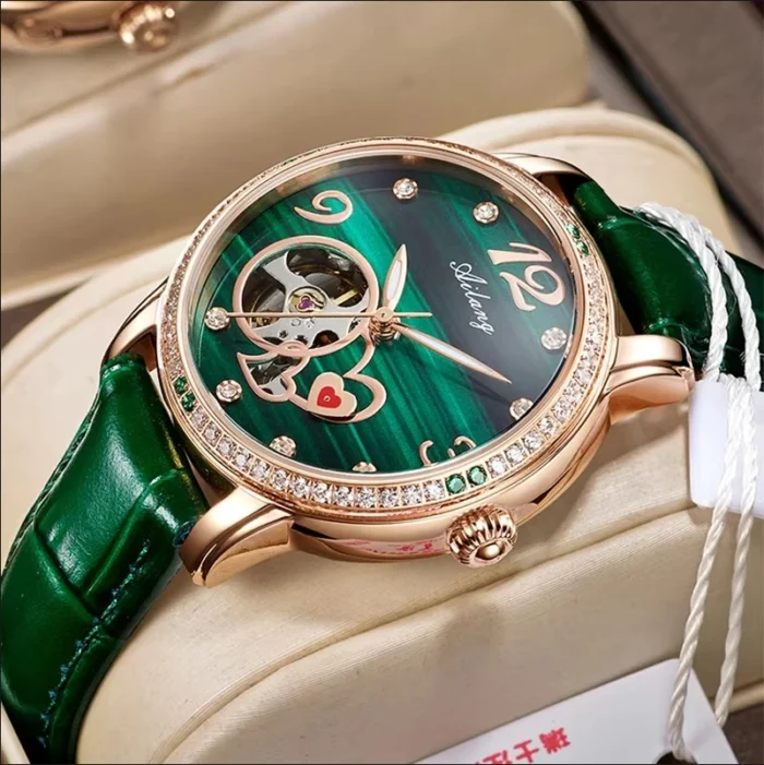 Damenuhr Automatik Skelett grün Ailang Lederarmband Diamant Lünette – Bild 1