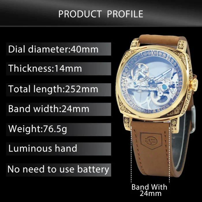 Exklusive Skelettuhr Automatikwerk 40mm Edelstahl Herrenuhr mit Lederarmband – Bild 6