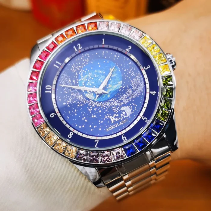 AOKULASIC Herrenuhr Automatik mit Leuchtdial & Regenbogenlünette - Edelstahl oder Leder – Bild 1