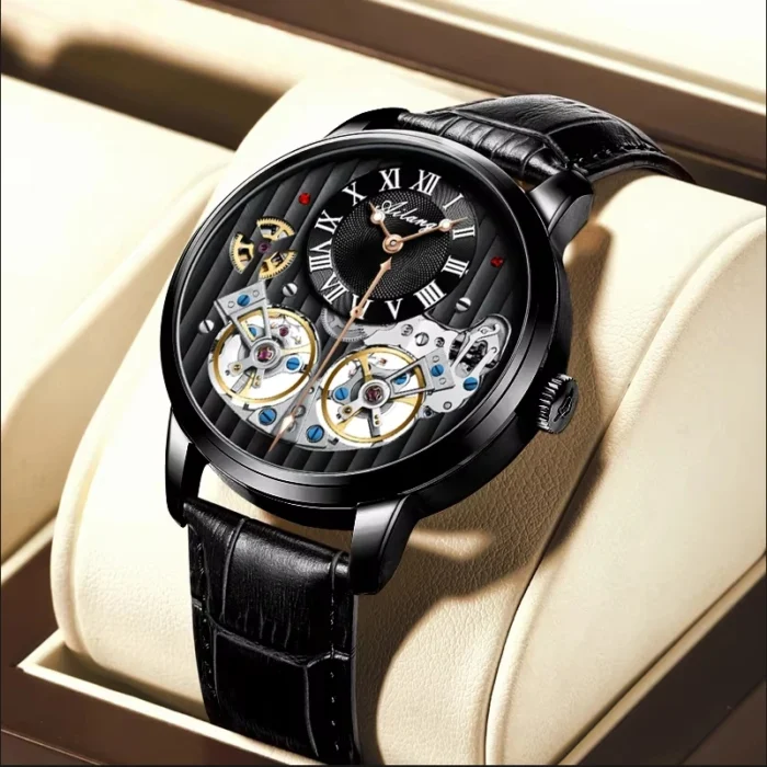 AILANG Herren Automatikuhren Skelett Lederarmband 42 mm Roségold – Bild 1