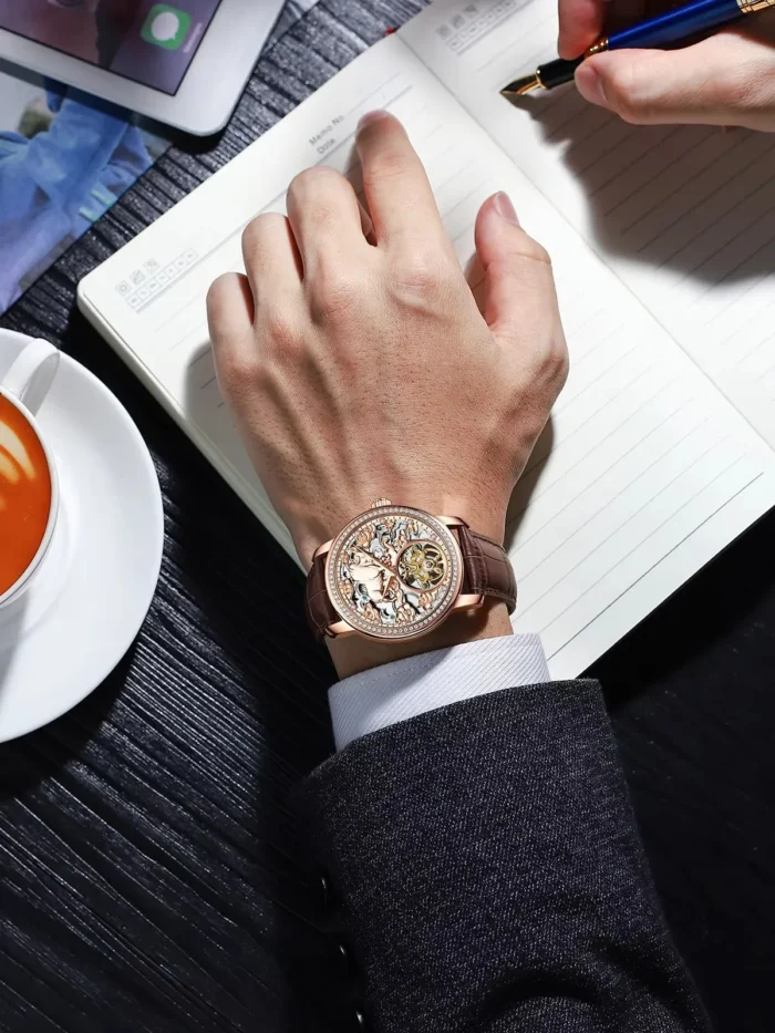 AILANG 8313 Automatik Skelett Gold Leder Wasserresistent 13mm 22cm Armband – Bild 5