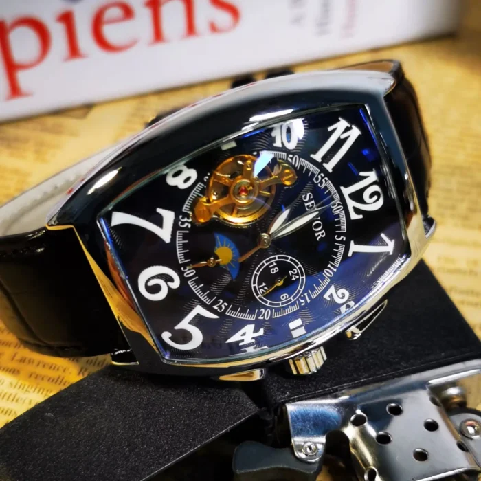 SEWOR Luxus Automatik Herrenuhr Skelett Mondphase Wasserabweisend Lederarmband Leuchtzeiger – Bild 5