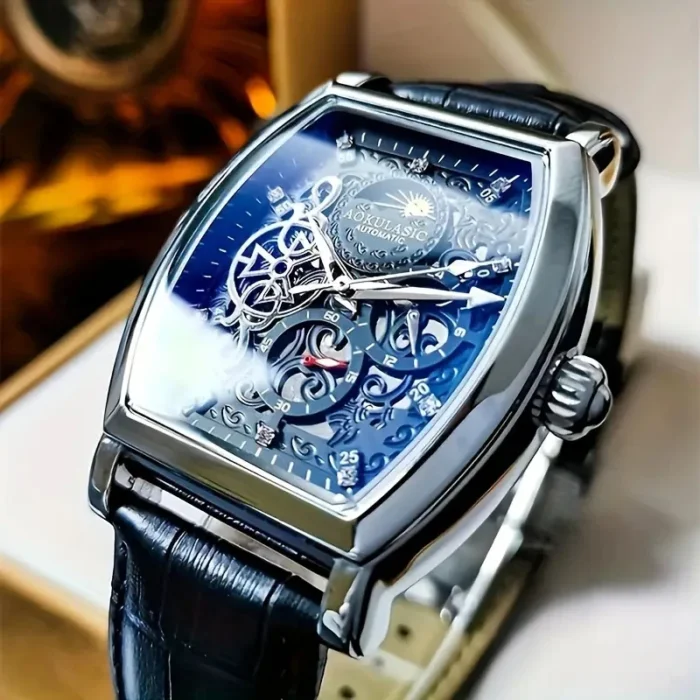 Herren Automatikuhr Skeleton Tonneau 40-44mm Edelstahl mit Kunstlederarmband – Bild 1