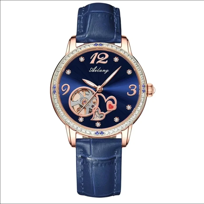 Damenuhr Automatik Skelett grün Ailang Lederarmband Diamant Lünette – Bild 6