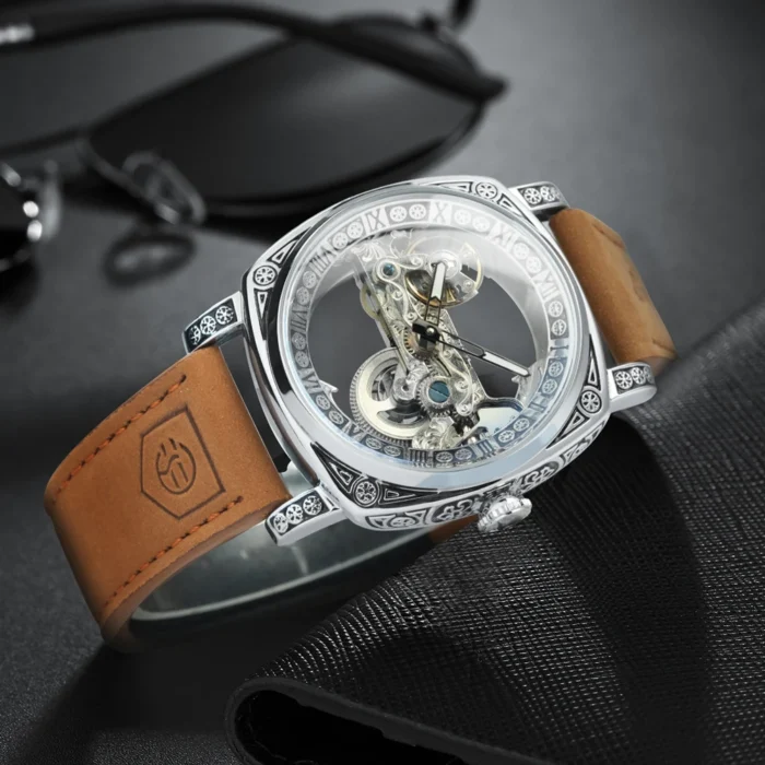 Exklusive Skelettuhr Automatikwerk 40mm Edelstahl Herrenuhr mit Lederarmband – Bild 3