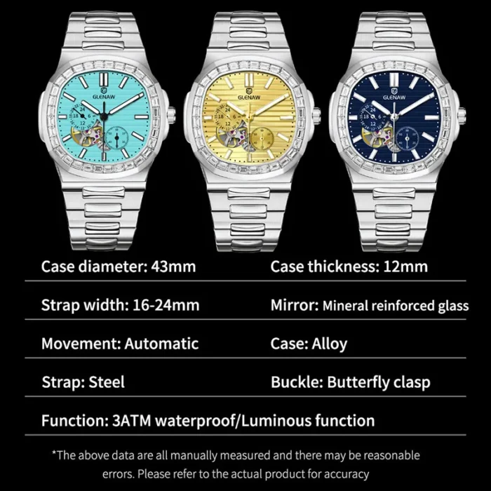 Herrenuhr Automatik Edelstahl 43 mm Dualanzeige Zirkonia Lünette Mineralglas – Bild 6