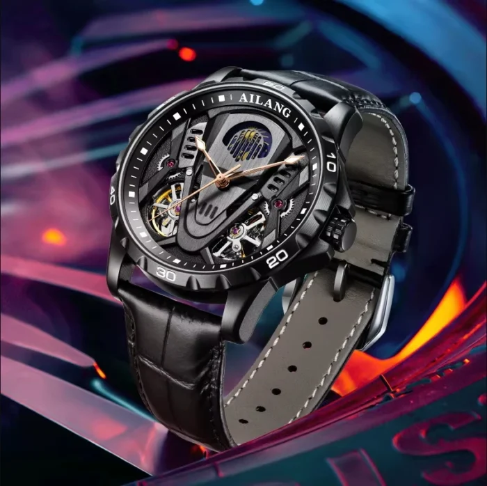 Herrenuhr f. AILANG AL8826 automatik skelettiert Leder schwarz 43mm – Bild 2