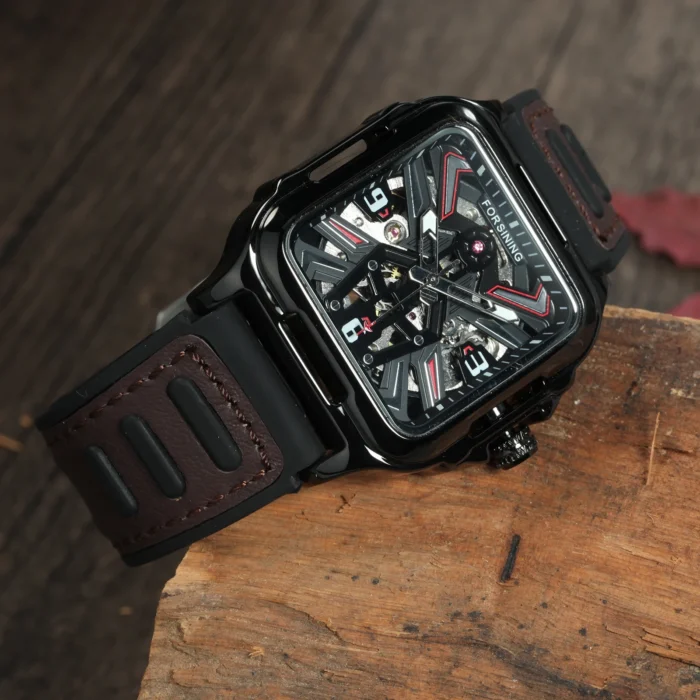 Forsining Herrenuhr Automatik Skelett 38mm FS141 Open Heart Leder-Gummi Armband – Bild 2