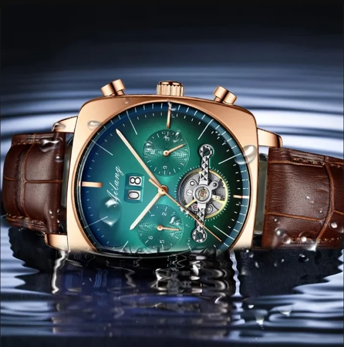 AILANG Automatik Uhr f. Herren quadratisch grün wasserdicht Lederarmband – Bild 4