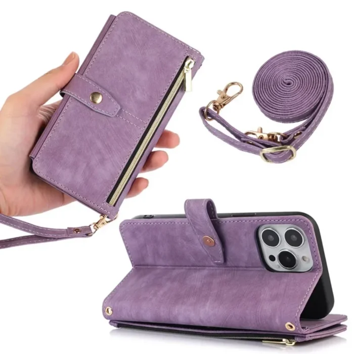 Wallet Case f. iPhone 16 15 14 Pro Max Kunstleder Crossbody Kartenhalter Ständer – Bild 6