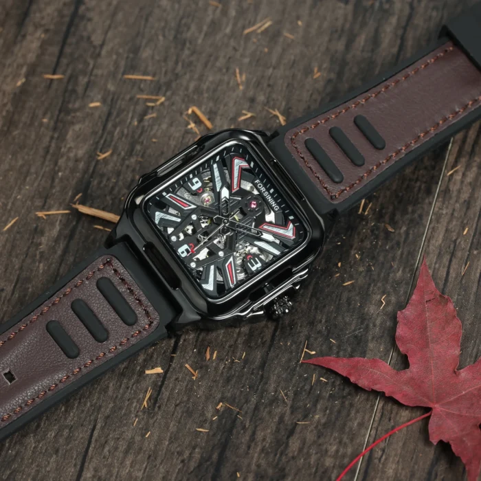 Forsining Herrenuhr Automatik Skelett 38mm FS141 Open Heart Leder-Gummi Armband – Bild 3