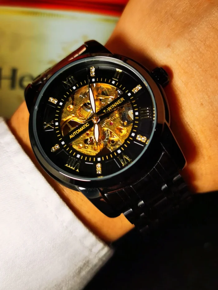 Herren Automatikuhr Skelett 40mm Edelstahl Schwarz Gold Leuchtzeiger 3 BAR – Bild 6