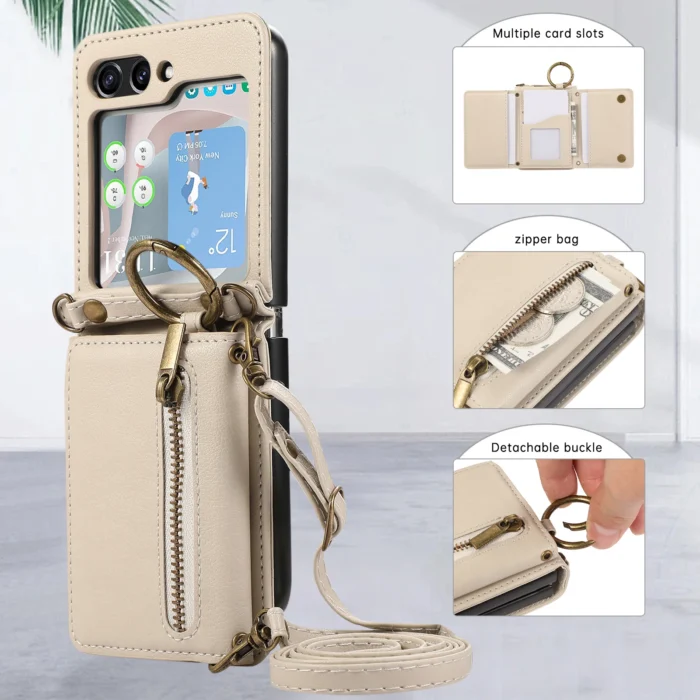 kf-S64d0aedfe87943f192b85bc0dbc19ee6Y.webp Wallet Case für Samsung Galaxy Z Flip 3 4 5 6 mit Kartenfach, Münztasche und abnehmbarem Schulterriemen – Bild 1