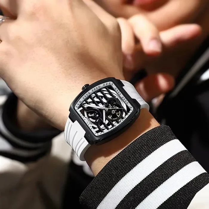 AILANG Automatikuhr Herren Tonneau Skelett 43mm 3ATM Spritzwasserschutz Silikon – Bild 5