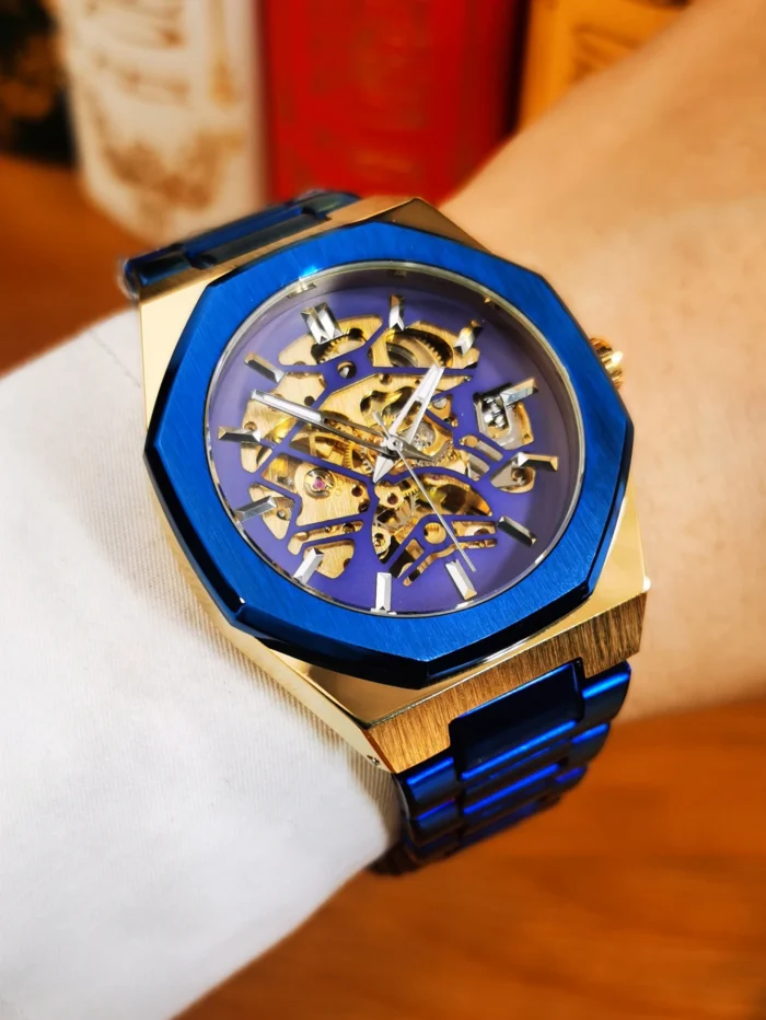 Herren Automatikuhr Skelett 40mm Open Heart Edelstahlarmband Leuchtzeiger 3 BAR – Bild 6