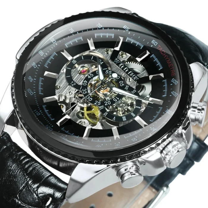 Herren Automatik Chronograph Skelettuhr Tachymeter Lederarmband Leuchtzeiger – Bild 1