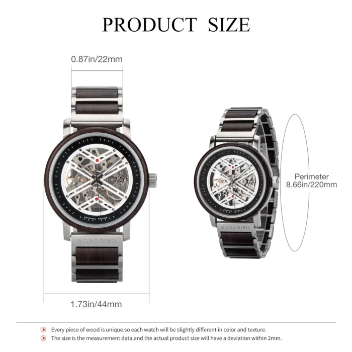 Automatik Uhr f. Herren BOBO BIRD Holz Skelett Leder Geschenkbox – Bild 4