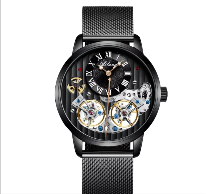 AILANG Herren Automatikuhren Skelett Lederarmband 42 mm Roségold – Bild 5