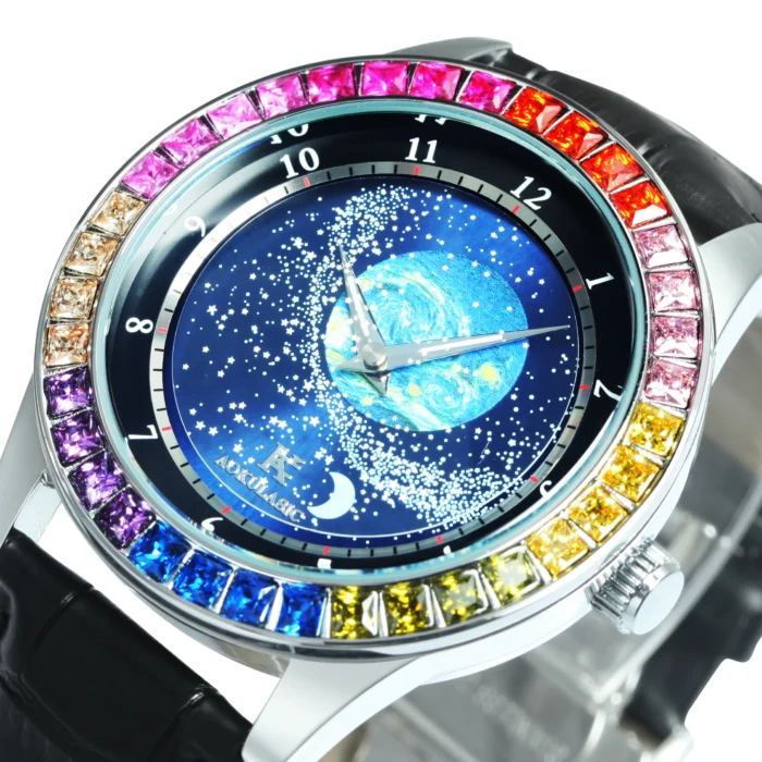 AOKULASIC Herrenuhr Automatik mit Leuchtdial & Regenbogenlünette - Edelstahl oder Leder – Bild 2