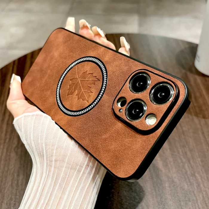 MagSafe Lederoptik Hülle iPhone 12-17 Pro Max Plus Ahornblatt Design – Bild 3