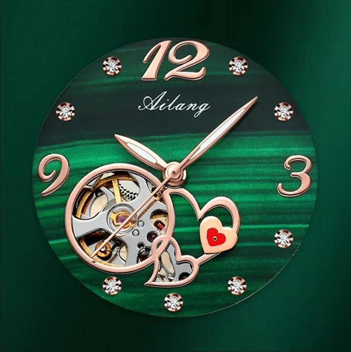 Damenuhr Automatik Skelett grün Ailang Lederarmband Diamant Lünette – Bild 2