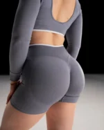 Damen Sport-Set Nahtlos Yoga Shorts High Waist & Crop Top Langarm Fitness – Bild 5